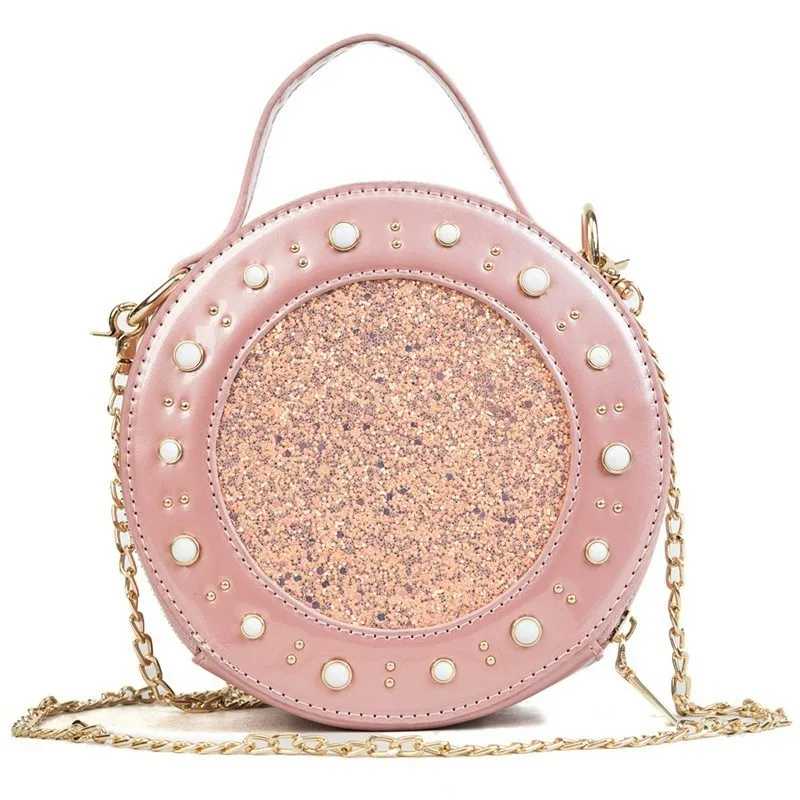 

Fashion Sequins Mini Crossbody Bag for Women Luxury Handbags Women Bags Designer Patent Leather Round Handbag Chain Pearl Purse