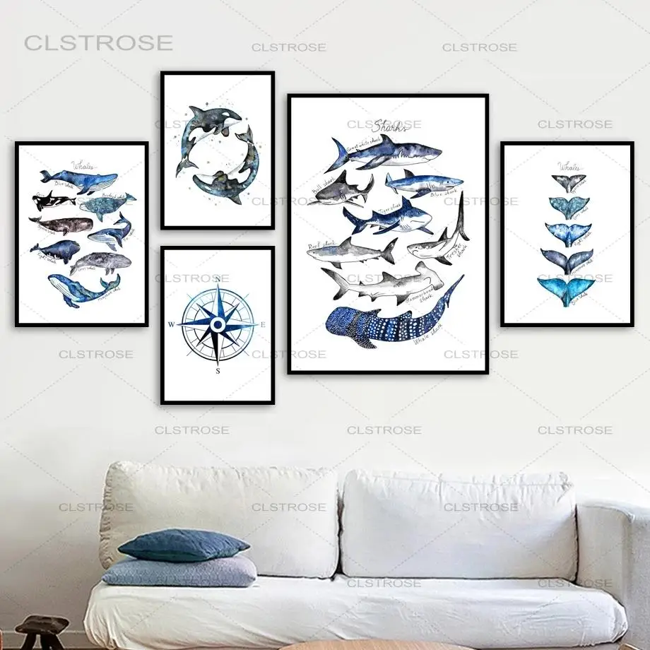 

Canvas Painting Cartoon Blue Whale Fish Tail Fin Compass Wall Art Nordic Posters And Prints Wall Pictures For Kids Room Decor