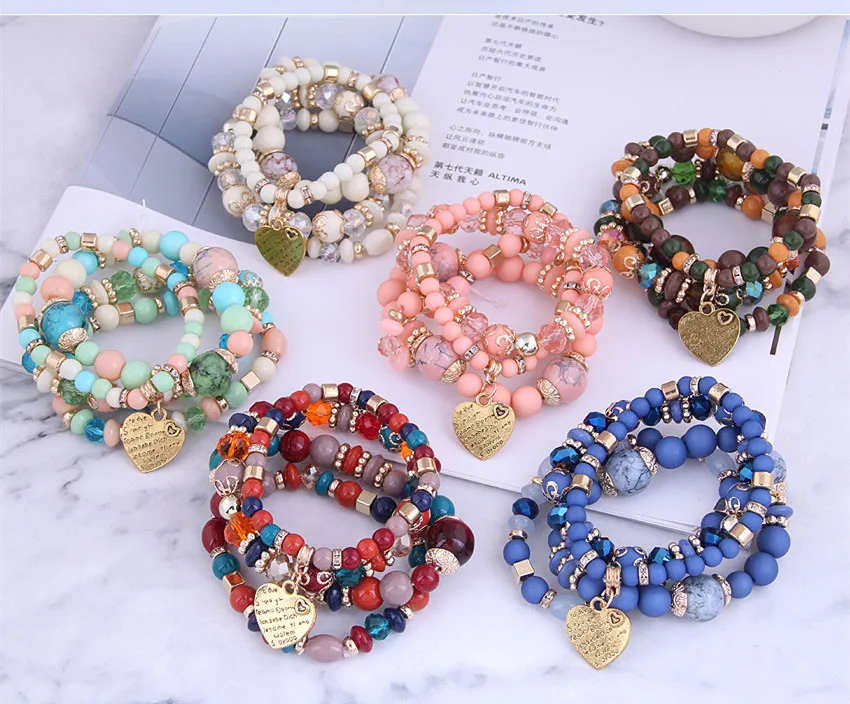 Kymyad 4pcs/set Bohemia Bracelets Resin Beads Bracelet Crystal Stone Bracelets For Women Heart Charming Bracelet Femme Jewelry