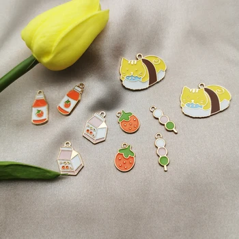 

10pcs Enamel Metal Charms Rock Sugar Gourd Sushi Cat Strawberry Charms Pendants Fit Fashion Jewelry Earring Bracelet DIY Dangle