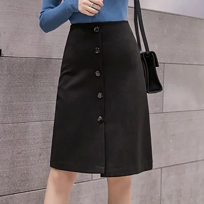 Faldas Mujer Moda, черные юбки для женщин, офисные, на пуговицах, эластичные, элегантные, Осень-зима, юбка для женщин, новая женская одежда, Jupe Femme - Цвет: black