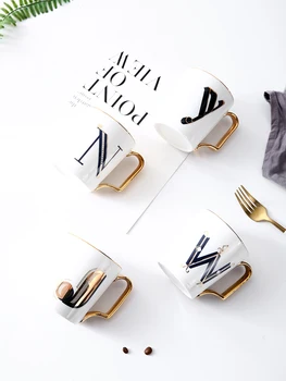 

EWAYS Gold Handle Couple Cup Bone china Coffee Mug Creative Letter Wedding Birthday Gift