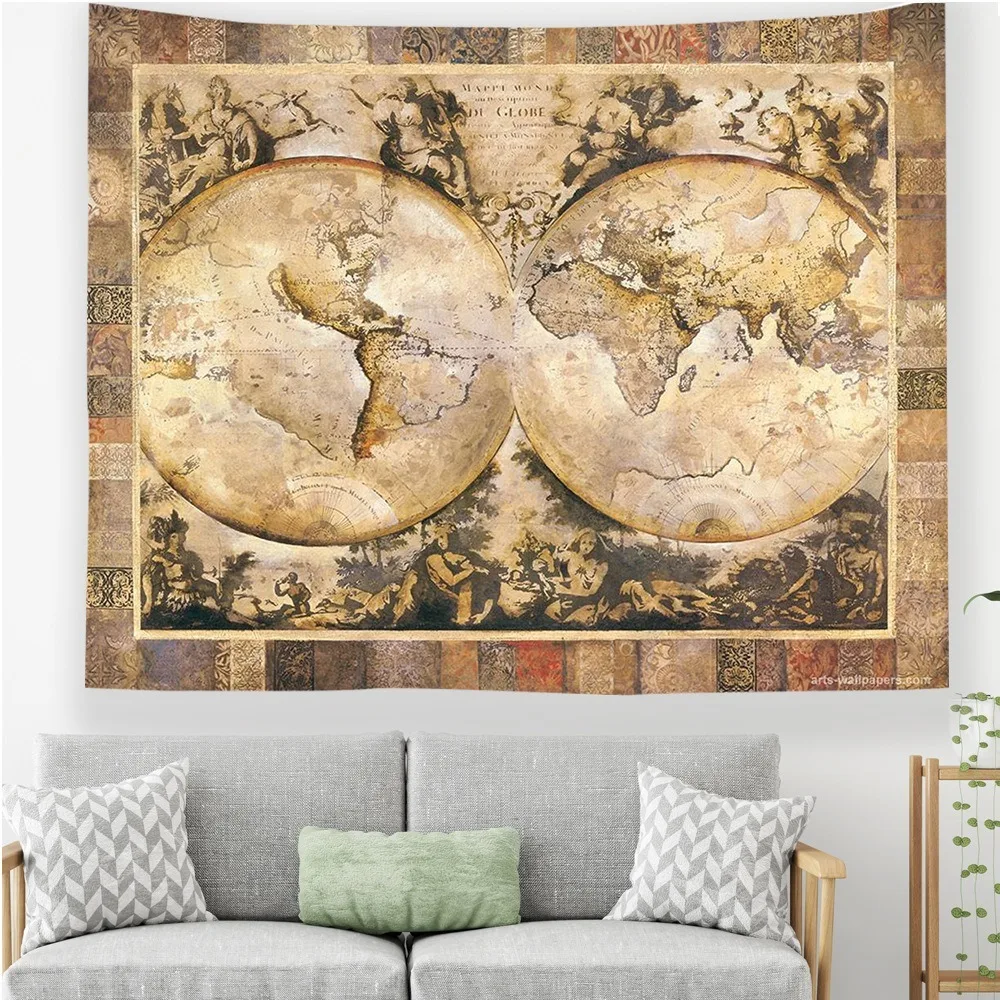 Древняя карта старого мира, настенный гобелен, винтажный, художественный, с принтом, карта, гобелен, подвесной, для украшения спальни