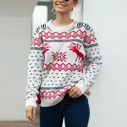 Осень Зима 2019 новые рождественские свитера и пуловеры Женские Снежинки олень длинный рукав трикотаж женский модный вязаный джемпер