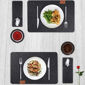 

New Felt Mats Set 6pcs Placemats 6pcs Round Coasters And 6pcs Cutlery Bags Washable Felt Tableware Utensil Mats Set Dropshipping
