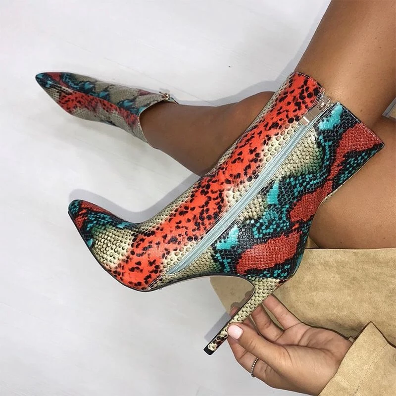 

DiJiGirls Big Size 41 42 Mid-calf Boots Female Pointed Toe High Heel Snakeskin Pattern Chelsea Boots Party Leather Shoes Woman
