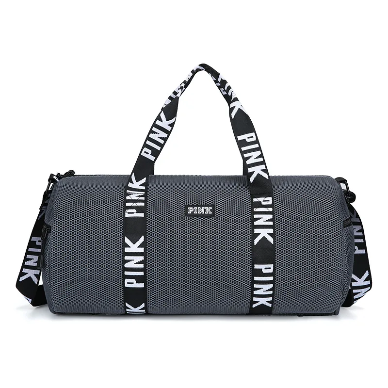 Gray new PINK large capacity mesh mesh travel bag men's sports and leisure fitness bag ladies portable Messenger bag - Color: Gray