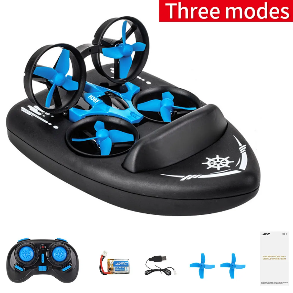 

Rc Boat H36F RC Drone 2.4G 4CH 6Axis Mini Drone Helicopter 3 Mode 3D Flip Headless Helicopter Water Air Ground Mode Kid Toys