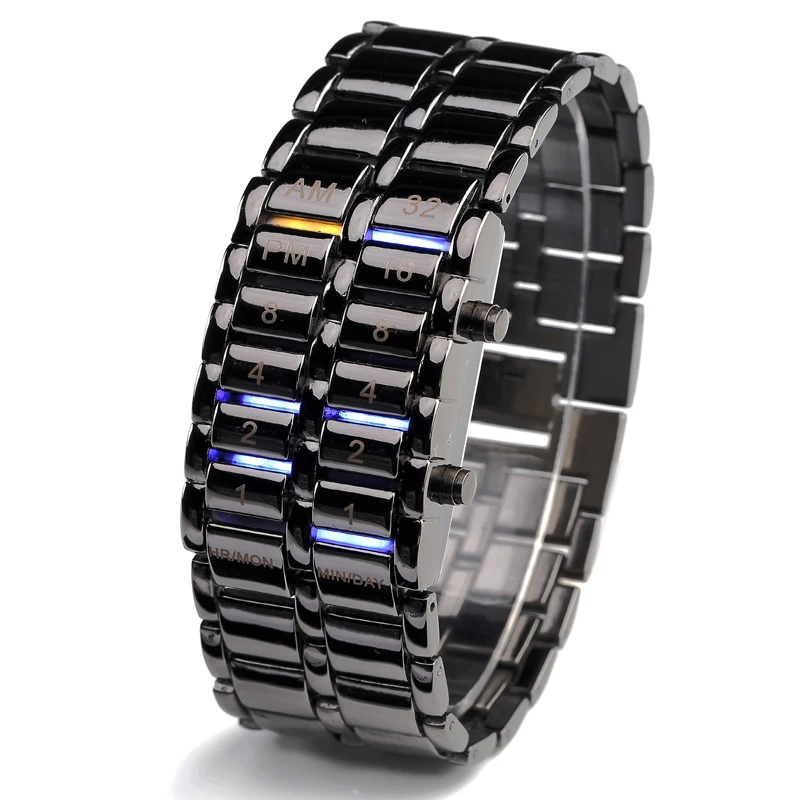 

Fashion Lava Iron Samurai Watch Men Binary Led Watches Stainless Steel Band Bracelet Watches Men Sports Electronic Wristwatches