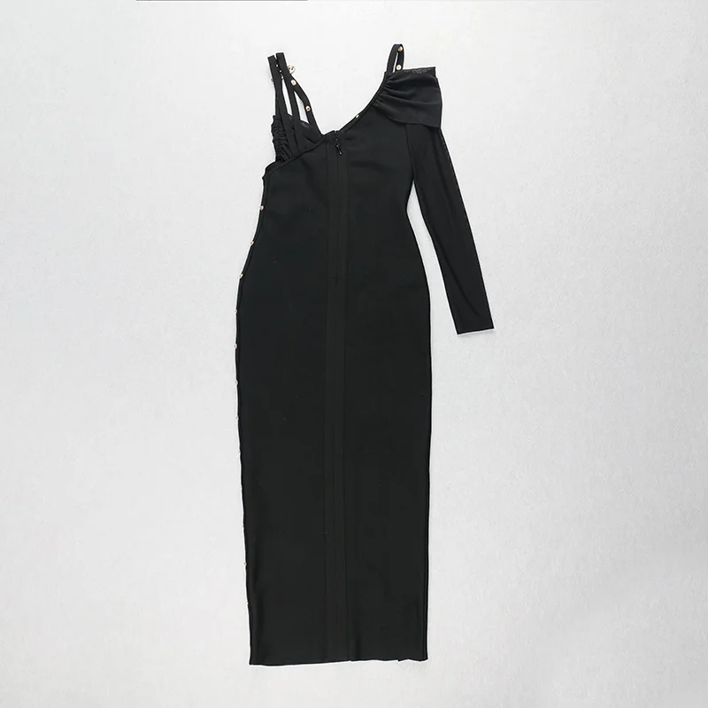 Высококачественное черное Бандажное платье с длинным рукавом на одно плечо из вискозы обтягивающее платье для коктейльной вечеринки