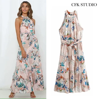 

2020 Women Summer Mididress with Halter Floral Print Sleeveless Bohe Long Dress Femme White Beach Holidy Loose Long Dress