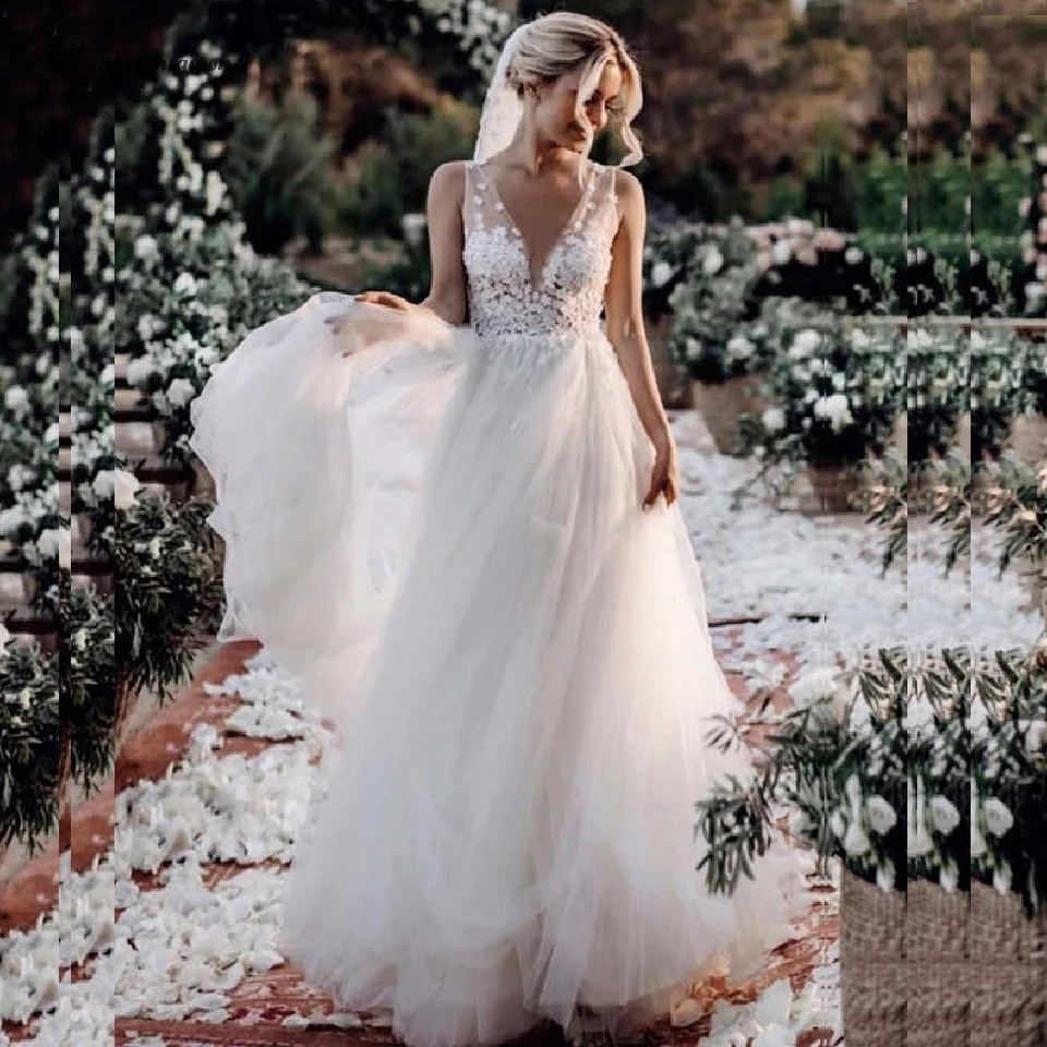 

Lakshmigown Floral Beach Wedding Dress Boho 2020 New Arrival Sexy Bridal Dresses Sheer Bodice Suknie Slubne A Line Wedding Gown