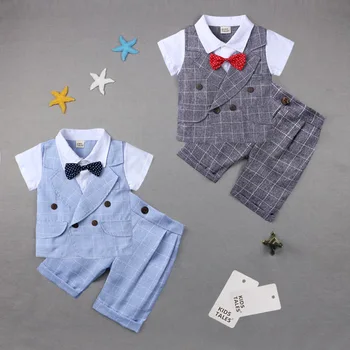 

Summer Baby Boys Clothing Suit Child Plaid Gentleman Bowtie Vest Shorts 2pcs Clothing Set Kids Party Wedding Costume T102