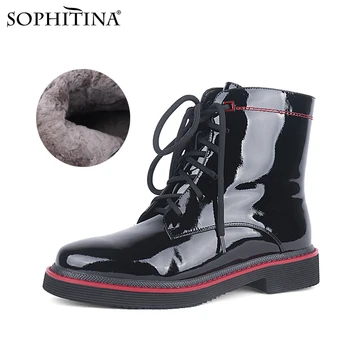 

SOPHITINA Women's Fashion Ankle Boots Warm Plush Winter Classic Round Toe Lace up Antislip Motorcycle Boot with Side Zipper C786