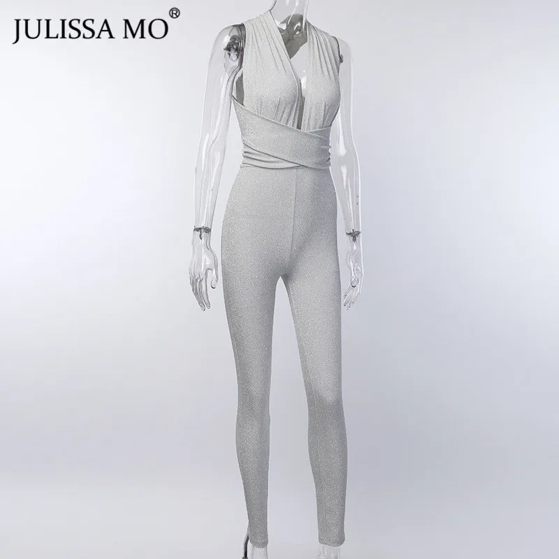 Julissa mo блестящий сексуальный бандажный комбинезон, женские зимние комбинезоны с v-образным вырезом и поясом, длинный комбинезон, женские вечерние комбинезоны, наряды
