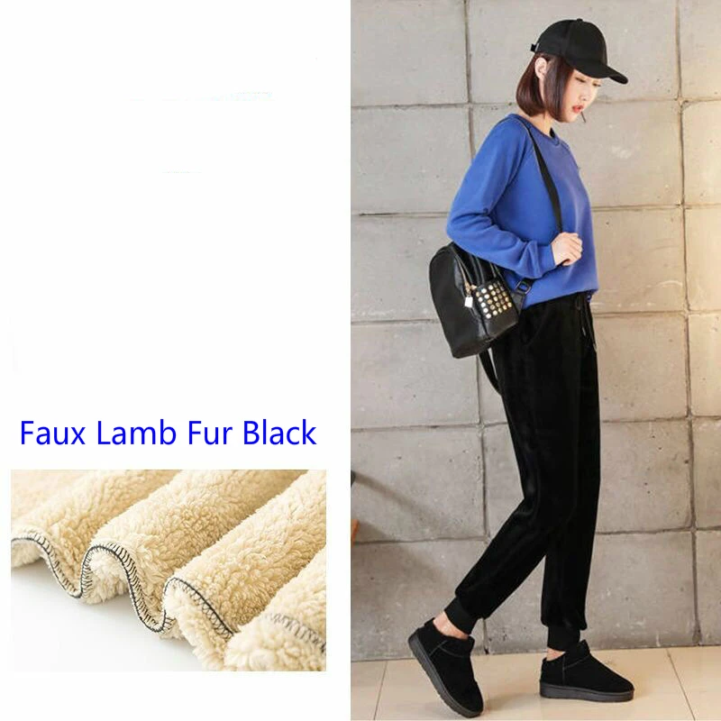 Faux Lamb Fur Black Женские штаны-шаровары для русской зимы, брюки с подкладкой из искусственного меха ягненка, большой размер 3XL, теплые бархатные однотонные штаны на шнурке для отдыха - Цвет: Faux Lamb Fur Black