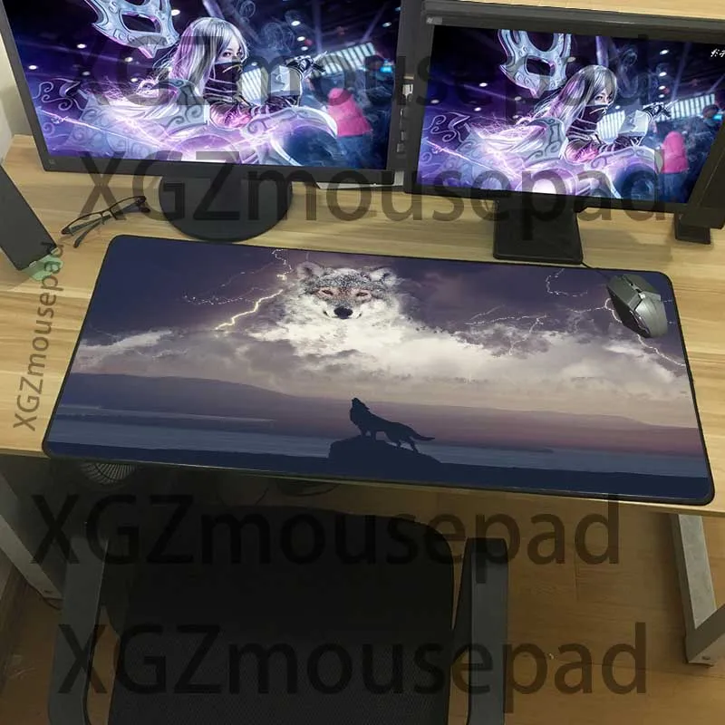 XGZ Animal Lightning Wolf Large Mouse Pad Lock Edge Custom Office Computer Keyboard Desk Mat Rubber Non-slip 900x400/900x300 Xxl