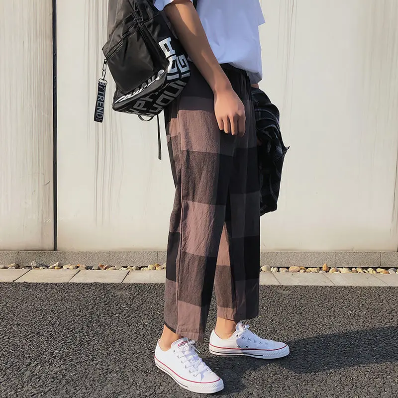 

Men's trousers 2020 summer new slim big check printing nine-minute trousers long trousers casual personality youth men's wear