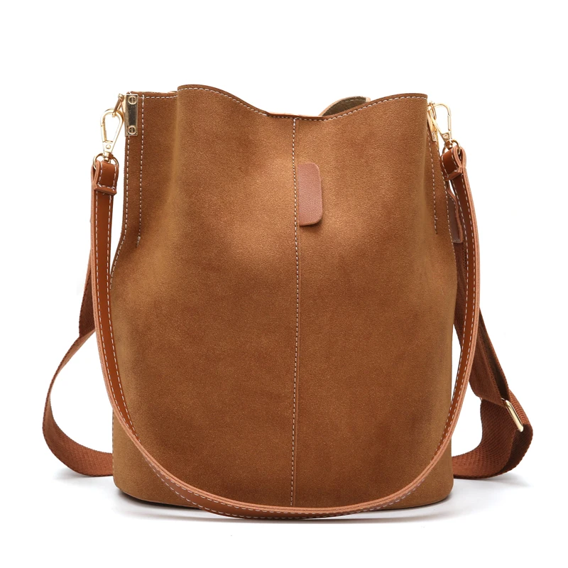 

Korean Fashion Women Bucket Shoulder Bag Wide Strap Vintage Faux Suede Frosted Leather Handbag Ladies Shopping Bags New 2020