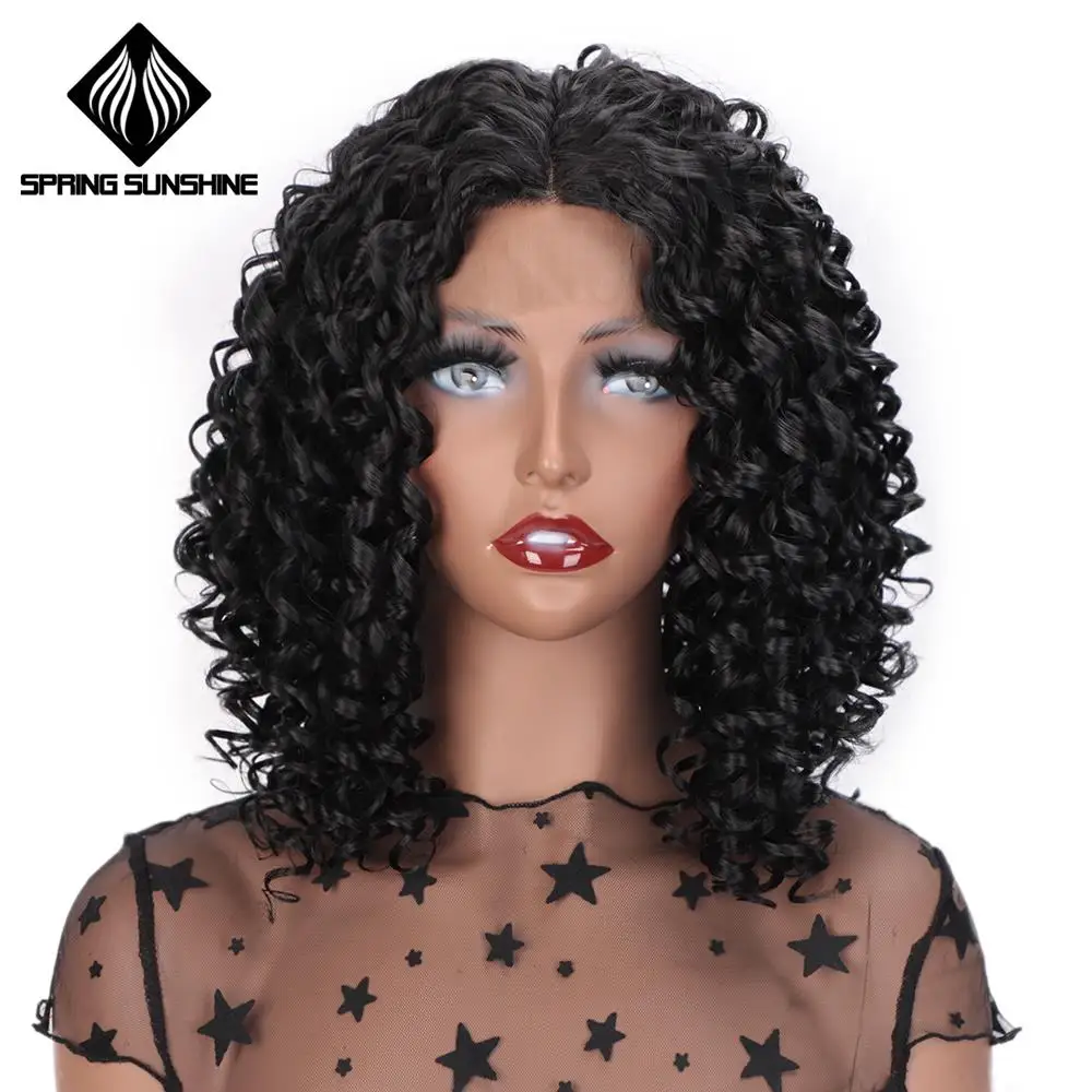 Весна Солнечный синтетический кружевной передний парик черные свободные волны