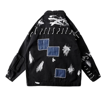 

UNCLEDONJM Patch jean jacket men Men Cowboy Loose Fit Bomber Jacket Men's Ripped Jean Jacket Hip Hop Streetwear Coats t-084
