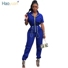 HAOYUAN Casual Short Sleeve Jumpsuit Fall Tracksuit Zip Turn Down Collar Fashion One Piece Outfit Rompers Womens Jumpsuit