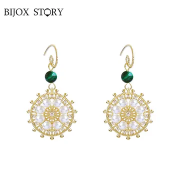 

BIJOX STORY Vintage 925 Sterling Silver Earrings with Pearl Emerald Zircon Gemstones Drop Earrings for Women Wedding Party Gifts