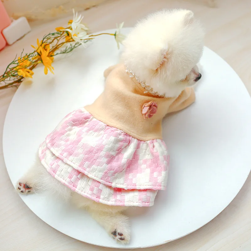 PETCIRCLE Dog Puppy Clothes Pink Plaid Flower Woolen Dress Pet Cat Fit Small Dog All season Pet Cute Costume Dog Cloth Dog Skirt