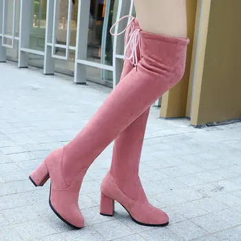 

Women Over The Knee High Boots Square High Heels Autumn Winter Shoes Pointed Toe Sexy Elastic Fabric Women Boots 2019 Size 34-43