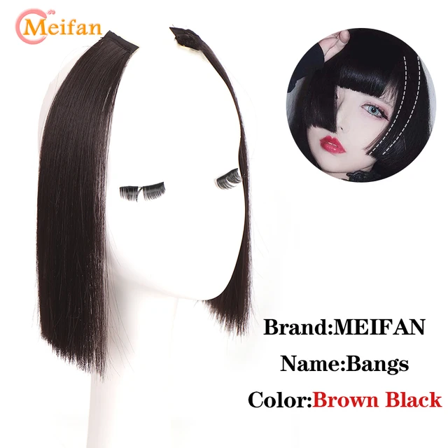 MEIFAN Clip in Hair Bangs Extension Hairpiece Synthetic Natural Fake Bang Hair Piece Air Bangs Clip on Bangs Black Brown AL21-4