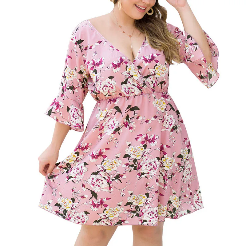 Летнее женское платье размера плюс, обхват груди 136 см, 5XL, 6XL, 7XL, 8XL, женское платье розового цвета - Цвет: Розовый