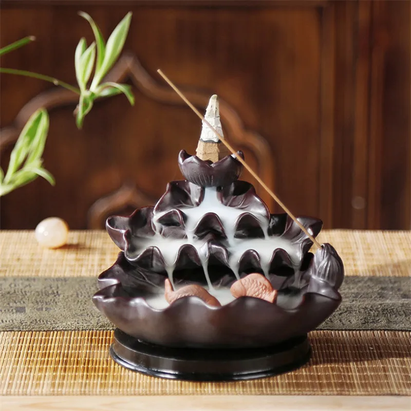 Ceramic Retro Ceramic Backflow Incense Burner Waterfall Censer Incense Holder Aromatherapy Furnace Home Decoration+ 10pcs Cones