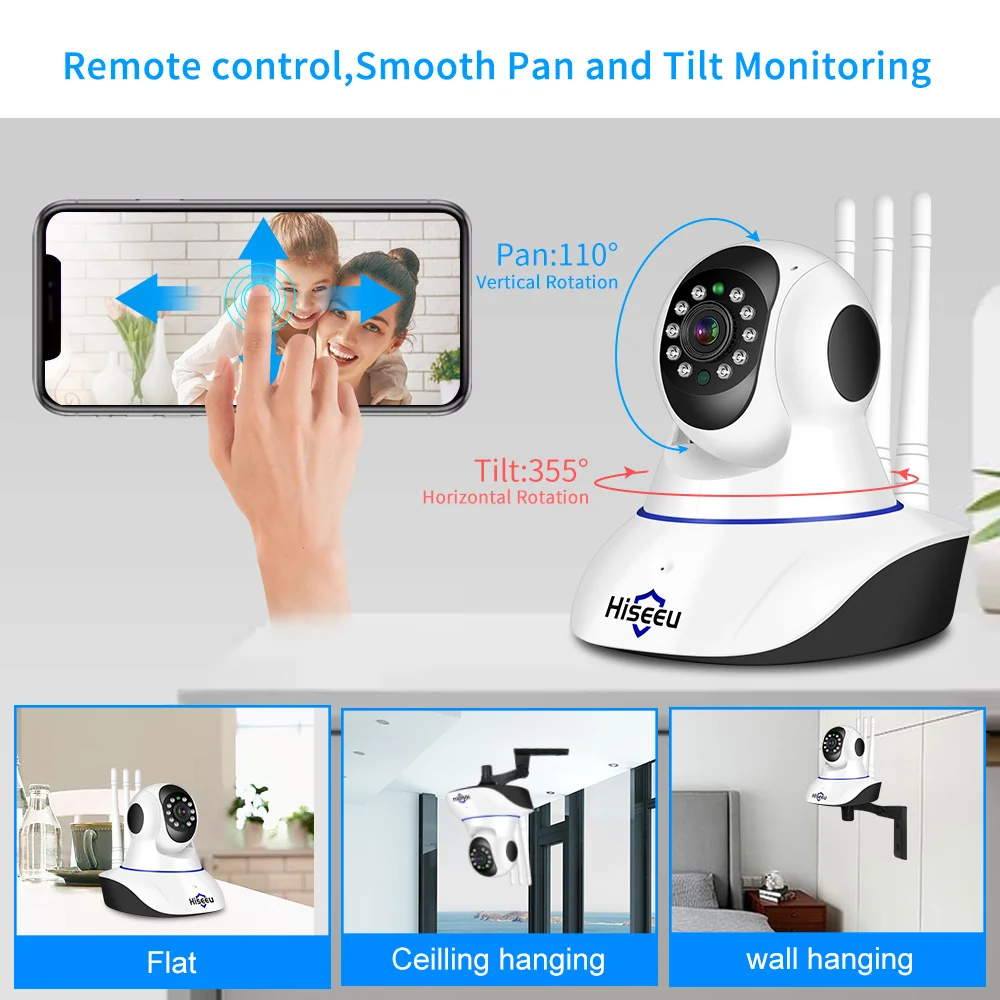 Hiseeu 2MP 3MP PTZ IP Camera WIFI Wireless Smart Home Security Surveillance Camera Two-way Audio Baby Pet Monitor Video Record