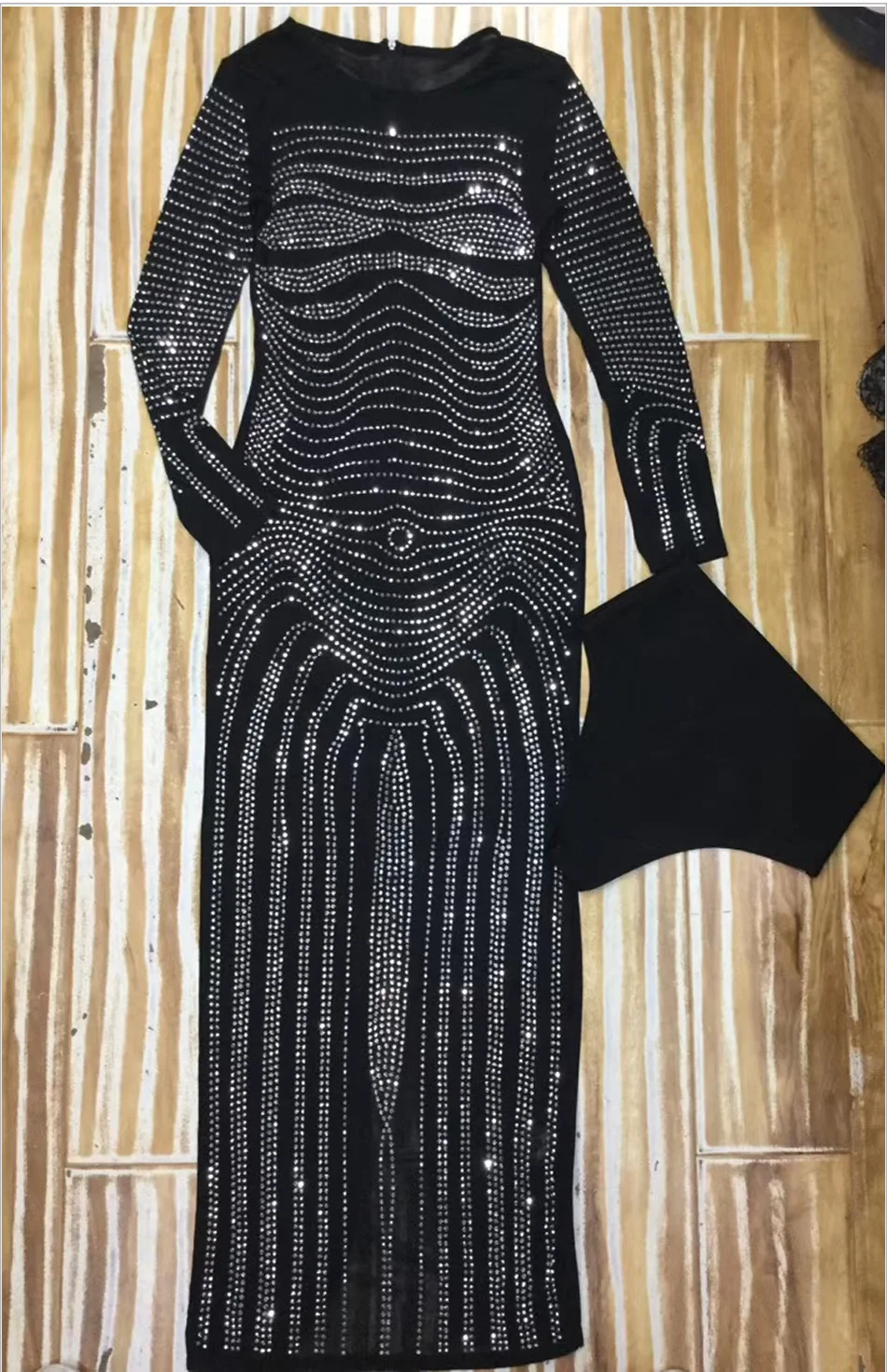 Stunning Beaded Rhinestone Mesh Maxi Dress Sheer Black Glitz Bandage