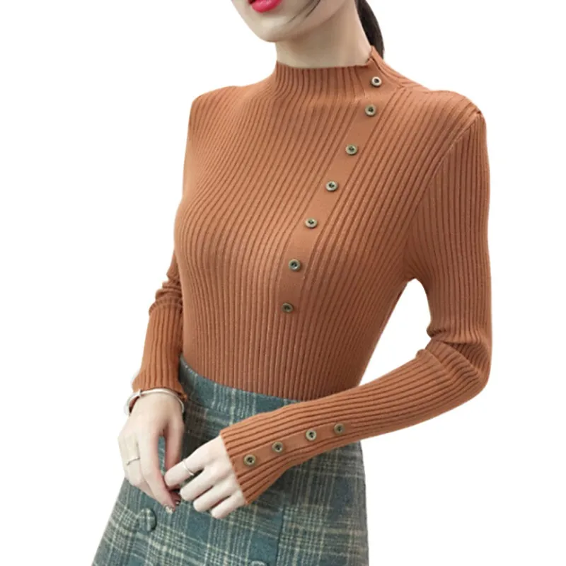 

Korean Sweater Button Half High Neck Hedging Top Slim Fit Long-Sleeved Knitted Sweater Yellow Pullover Free Size