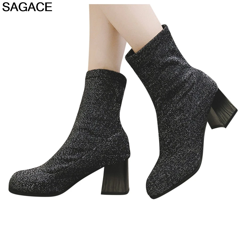 SAGACE сапоги модные женские туфли из эластичной ткани сапоги, без шнуровки, обувь до середины икры; Botas Дамские короткие ботинки круглый носок ботиночки для вечеринок zapato de mujer