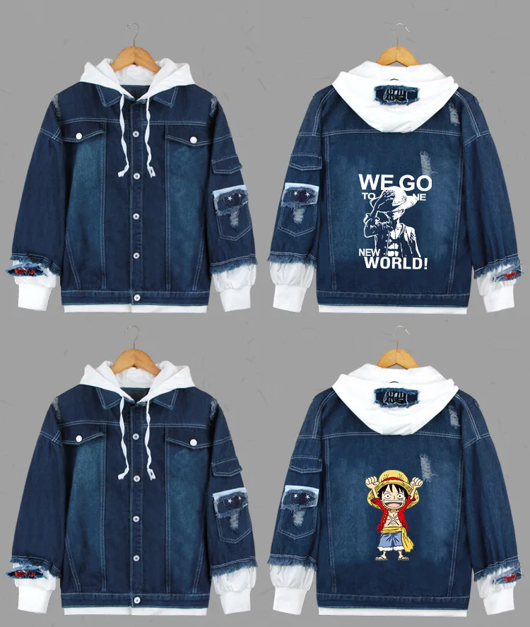 AnimeONE/толстовки с капюшоном с изображением обезьяны D Luffy, толстовки для косплея, костюмы Roronoa Zoro, куртки, Повседневная джинсовая куртка с героями мультфильмов