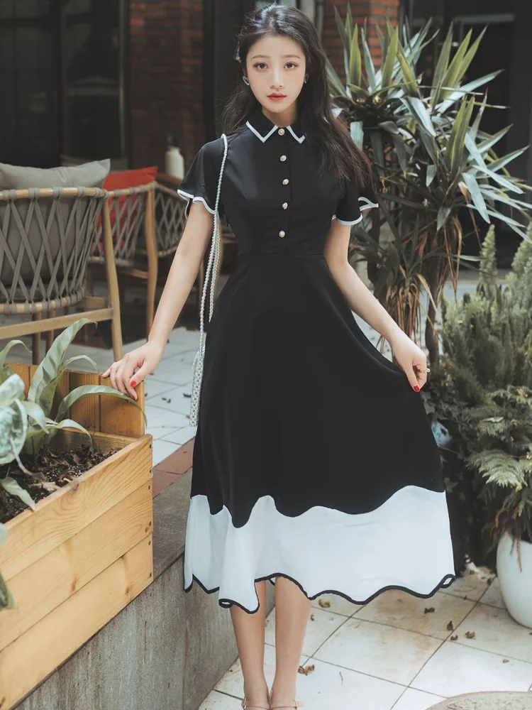 

French Retro GIRL'S Platycodon Grandiflorum Skirt Black And White with Pattern Yamamoto over-the-Knee Waist Hugging Slimming Ele