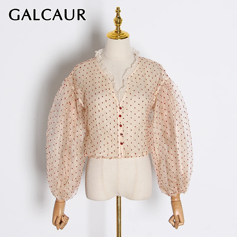GALCAUR, Корейская женская рубашка в горошек с сеткой, воротник с лацканами, длинный рукав, большие размеры, женские блузки, осень, модная новая одежда