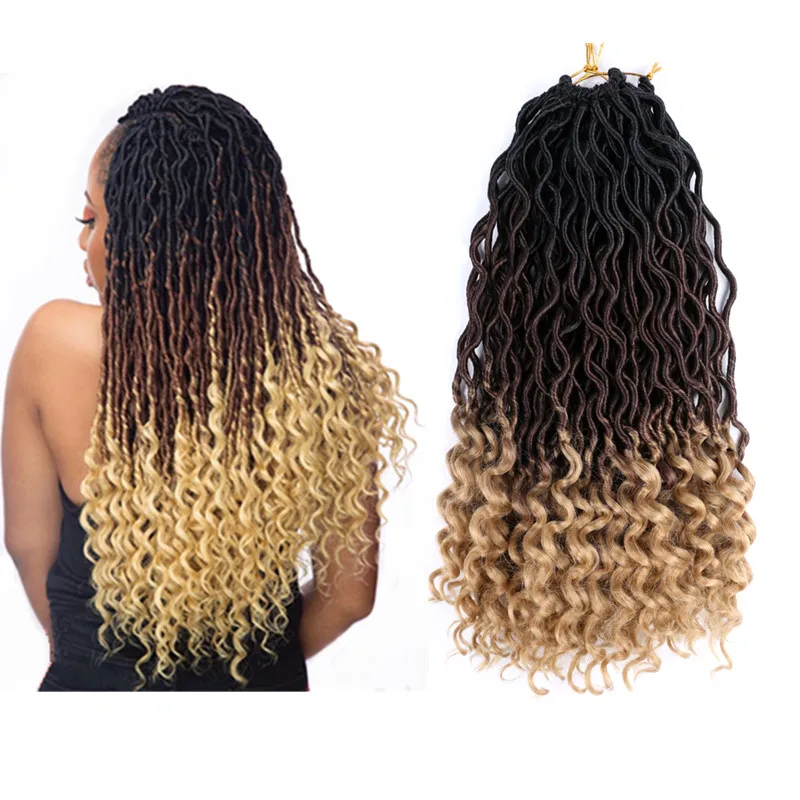 Pervado Hair Soft Faux Locs Curly Crochet Braids Synthetic Hair Extensions 18" 24strands/pack Pink Blue Ombre Goddess Hairstyle