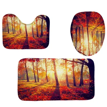 

Best 4Pcs Home Bathroom Decor Set Bathroom Forest Sunshine Pattern Toilet Seat Cover Bath Mat Set+Waterproof Shower Curtain