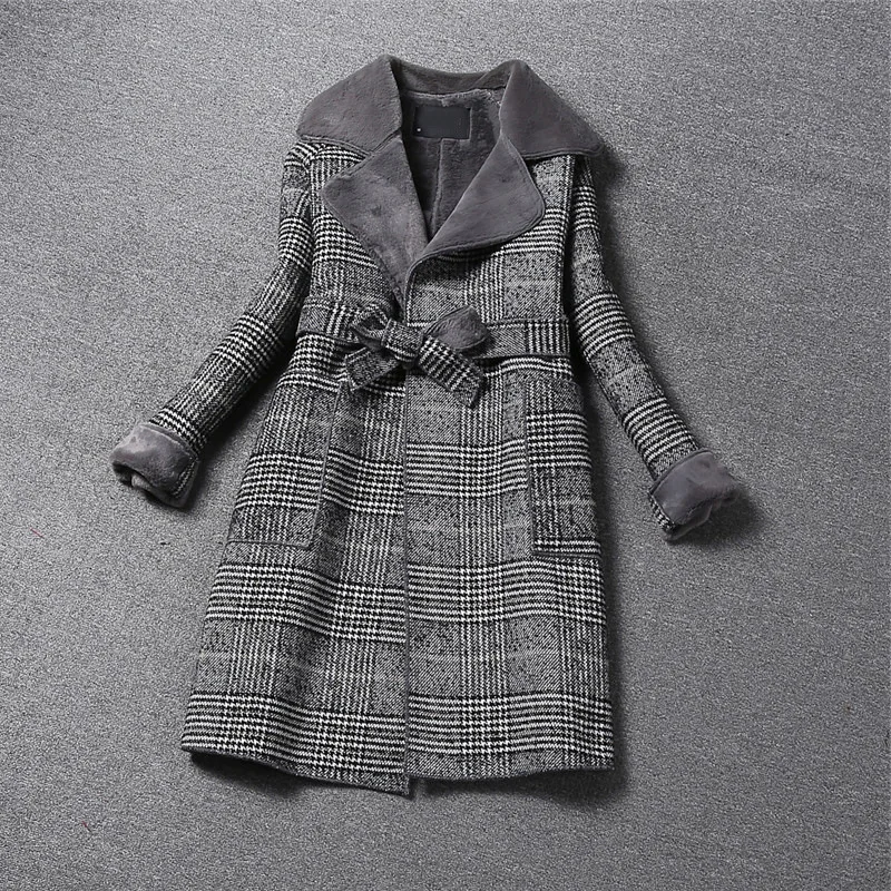 gray woolen coat Luzuzi, винтажное клетчатое шерстяное пальто для женщин, тонкий пояс, отложной воротник, пальто для девушек, корейский стиль, Осень-зима, теплая подкладка из искусственной шерсти, верхняя одежда - Цвет: gray woolen coat