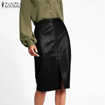 

Spring Fashion Pencil Skirt ZANZEA High Waist Short Jupe Vestido Lady Solid Split Black Skirt Women Office PU Faux Leather Skirt