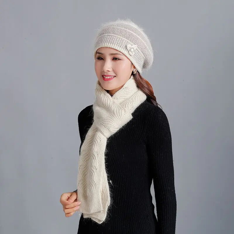 

New Warm Hood Set Crochet Hat Scarf with Rabbit hair woman Knit Headwear Thicken Cap Gift Female Twist Cloth Soft Shawl