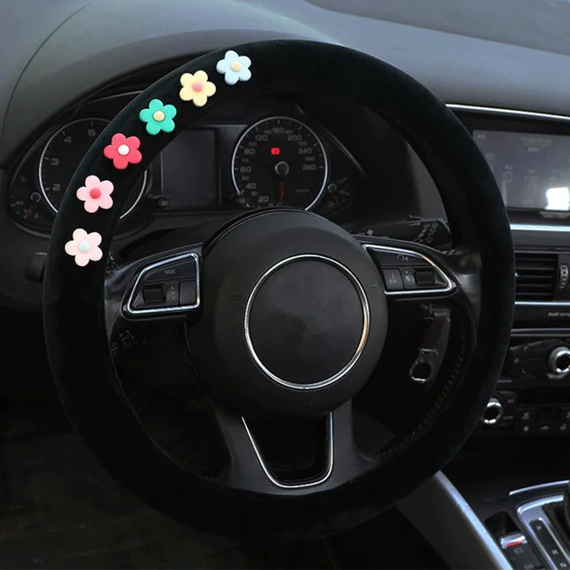 DIY мультфильм милый цветок плюшевый чехол рулевого колеса автомобиля розовый красный руль ступицы мех крышка колеса