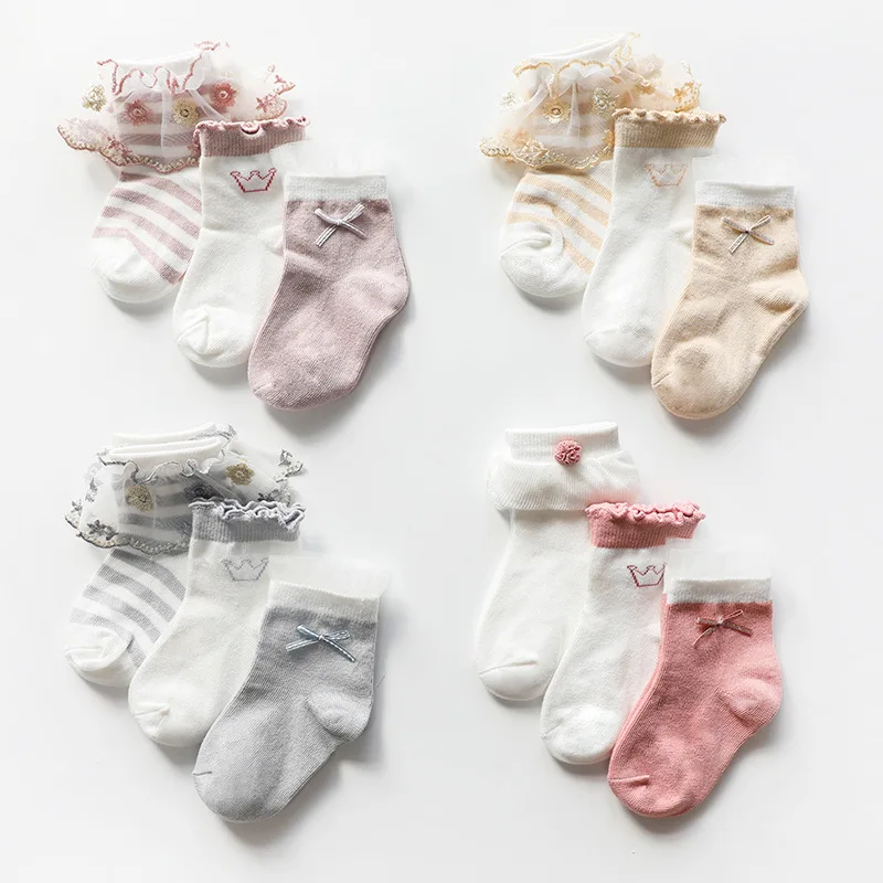 

3Pairs/lot Spring Newborn Baby Girl Socks Princess Cotton Lace Bow Striped Children's Socks Infant Accessories Age For 0-5Years