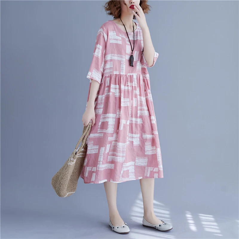 ANSELF женское винтажное платье в этническом стиле с цветочным геометрическим принтом Плюс Размер Свободное платье хлопковое льняное платье женская одежда миди платье - Цвет: Розовый