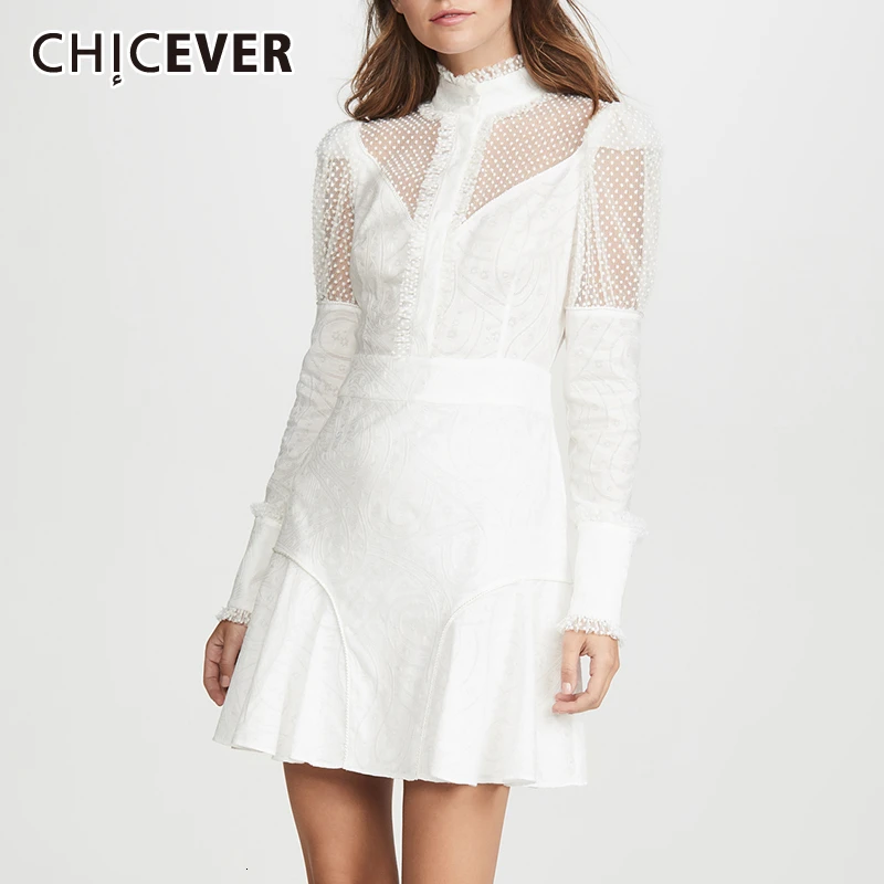 Женское платье в горошек CHICEVER Кружевное облегающее мини с воротником стойкой