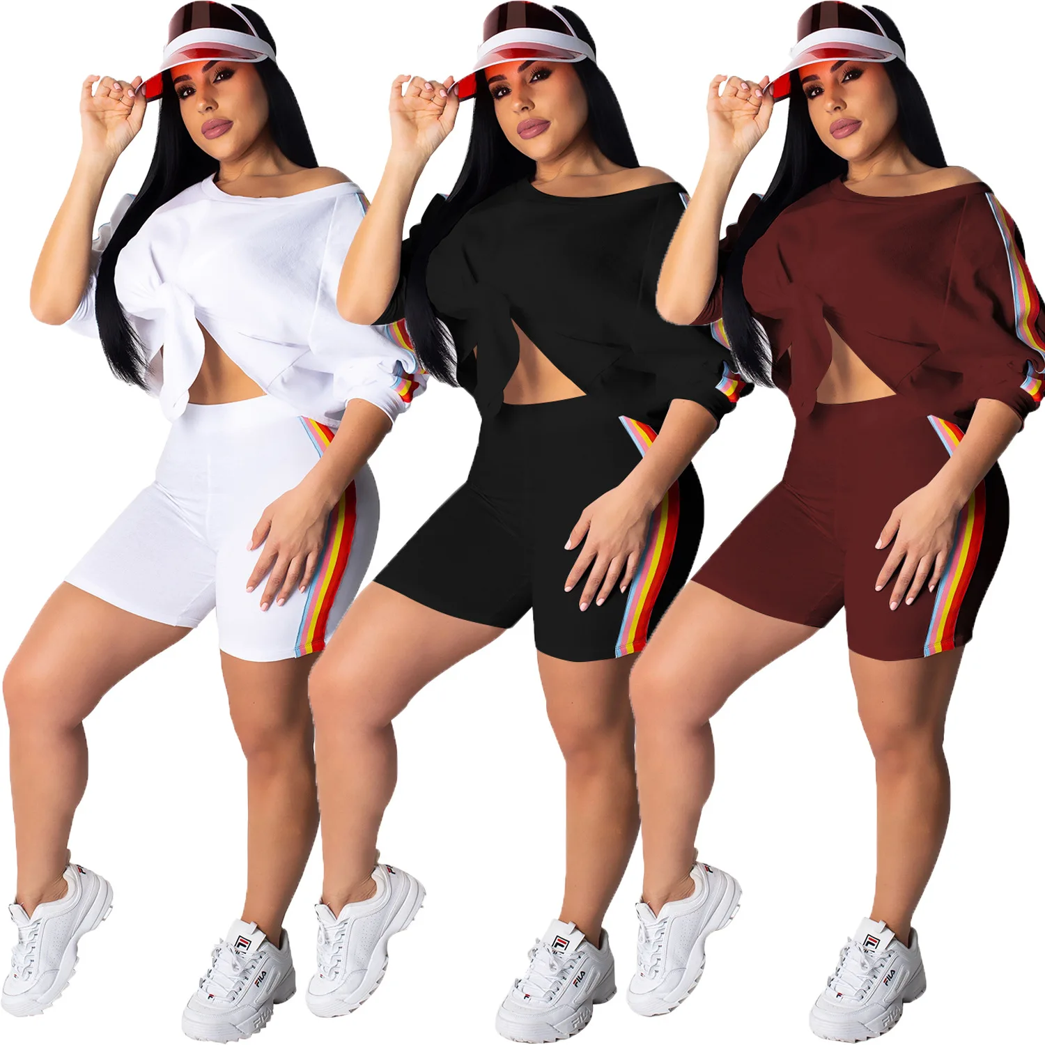 

2019 summer women stripes splicing o-neck tie up tee top shorts suit two piece set tracksuit sporting outfit T3315H