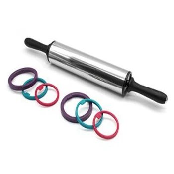 

Large Adjustable Stainless Steel Rolling Pin with 3 Removable Kness Rings, Kitchen Tool with Plastic Handle, Gadget for Kid